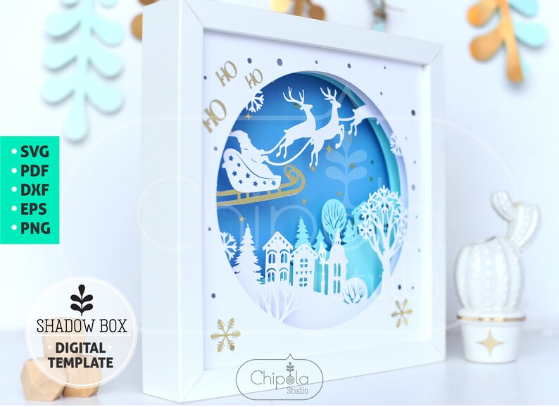 Santa Sleigh Shadow Box SVG, christmas winter 3d papercut SVG, layered paper art template with LED light, New Year, Cricut, Silhouette files image 6