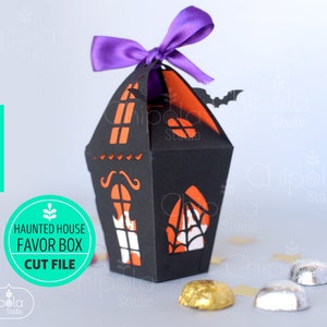 Haunted House Halloween Favor Box SVG, modèle de modèle de papier 3D boîte à bonbons, boîte de faveurs de fête de décoration d’Halloween, boîte de château, boîte-cadeau, Silhouette