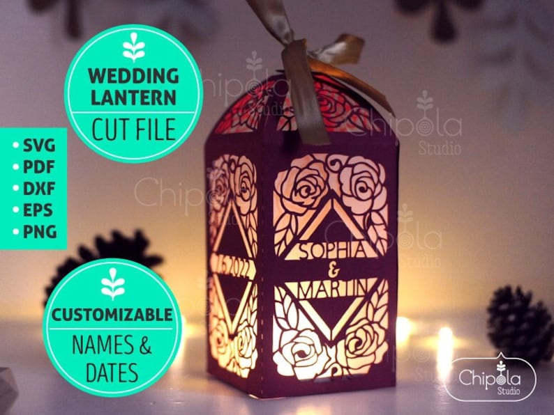 Wedding Roses Lantern, add Custom names and date centerpiece table decoration SVG, luminary LED template Download, Silhouette, Cricut, laser image 1