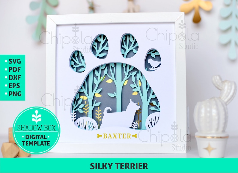 Silky Terrier Dog breed Shadow Box SVG, 3d papercut SVG, layered paper art template, scroll saw pattern, gift layered art with LED light image 1