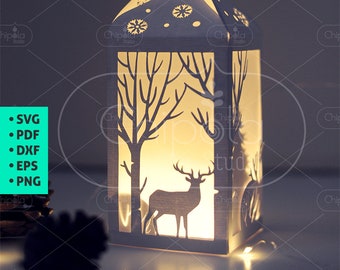 Christmas decoration SVG, 3D christmas Lantern paper model, Deer LED template Download, New year decoration, Lantern SVG, Silhouette, Cricut