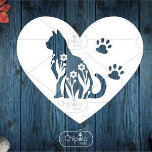 Fichier vectoriel SVG coeur floral chat, papier découpé coeur floral, modèle de coupe amoureux des chats, fichier svg fleurs chat, t-shirt chat, Cricut, Silhouette