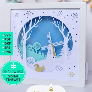 Windmill Shadow Box SVG, christmas winter 3d papercut SVG, layered paper art template, Netherlands layered art with LED light, holland svg