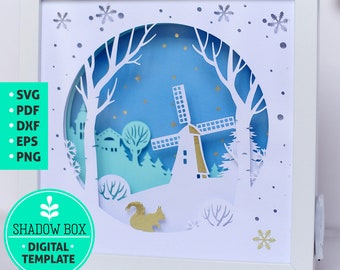 Windmill Shadow Box SVG, Navidad invierno 3d corte de papel SVG, plantilla de arte de papel en capas, arte en capas de los Países Bajos con luz LED, holanda svg