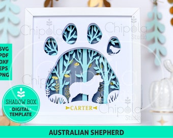 Australian Shepherd Dog breed Shadow Box SVG, 3d papercut SVG, layered paper art template, scroll saw pattern, layered art with LED light