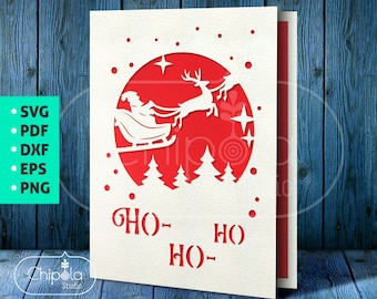 Santa Card with Envelope SVG, Ho-ho-ho Card Template, New Year invitation, Papercut Card, printable Santa, reindeer Santa Claus, Christmas