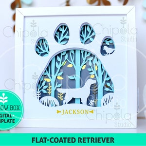 Flat Coated Retriever Dog raza Shadow Box SVG, corte de papel 3d SVG, plantilla de arte de papel en capas, patrón de sierra de pergamino, arte de regalo con luz LED