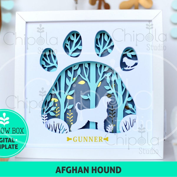 Afghan Hound Dog breed Shadow Box SVG, 3d papercut SVG, layered paper art template, scroll saw pattern,  gift layered art with LED light
