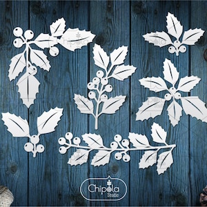 6 file di taglio SVG di decorazioni natalizie di foglie di agrifoglio, raccolta di set di pacchetti, modello di ramo di bacche in formato SVG, cricut, silhouette, laser, download