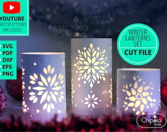 3 Christmas Lanterns Set SVG, Cylinder Centerpiece Winter Lantern paper model template with snowflakes, New year table decoration, Candles