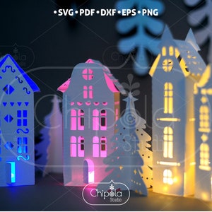 3D Christmas Houses and Trees Template SVG, Decoration Lantern Paper ...