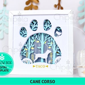 May include: A white shadow box with a paw print design. The paw print is cut out and the inside is decorated with a blue and green forest scene. A dog silhouette is in the center of the scene. The text "TACO" is below the dog. The text "CANE CORSO" is at the bottom of the box.