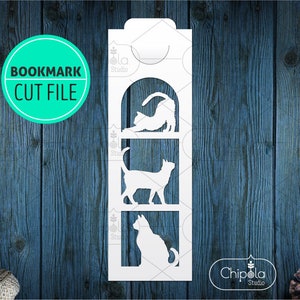 Bookmark with cats SVG vector cut file, animal papercut, scroll saw pattern woodcut, gift for book lovers, cut template,  Cricut, Silhouette