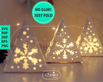 Christmas decoration SVG, 3D Pyramid Centerpiece Lantern paper model template with snowflakes, New year table decoration, Cricut, Silhouette