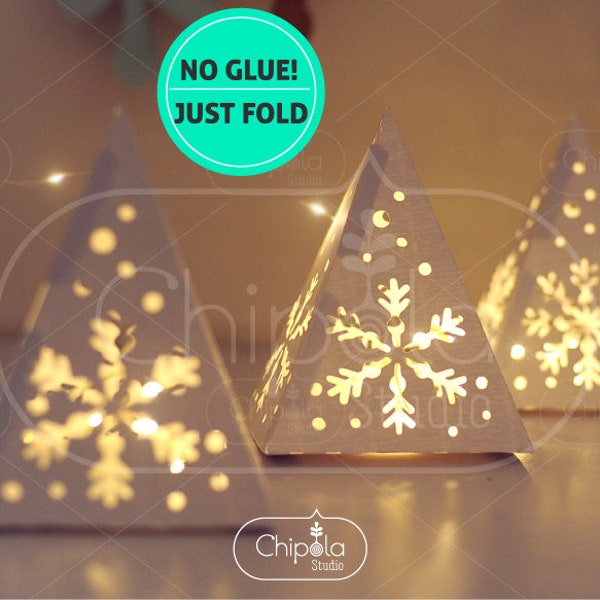 Christmas decoration SVG, 3D Pyramid Centerpiece Lantern paper model template with snowflakes, New year table decoration, Cricut, Silhouette