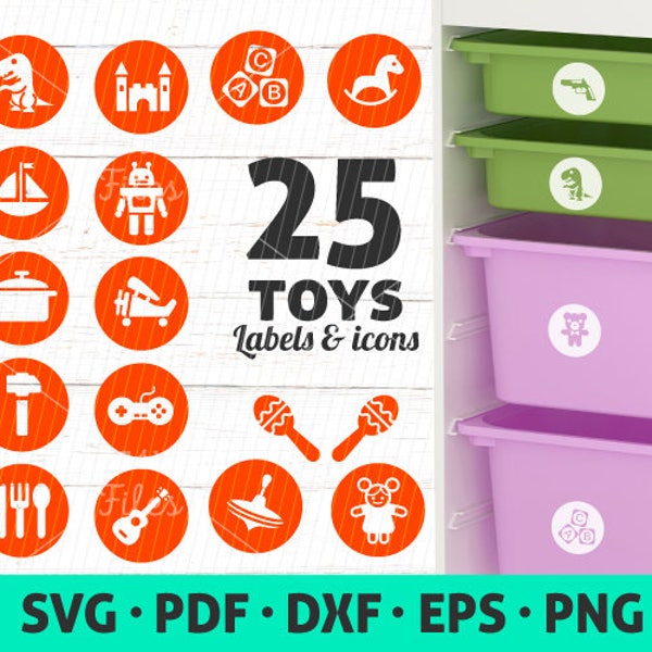 Paquete de conjunto SVG de juguetes para niños, íconos de juguetes, íconos de juegos, etiquetas de organización de sala de juegos svg, etiquetas de juguetes SVG descarga digital de archivos