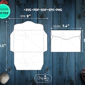 May include: A digital download of an envelope template for crafting. The template is shown open and folded with measurements in inches. The open template is 9 inches wide and 12.1 inches tall. The folded template is 7.4 inches wide and 5.3 inches tall.