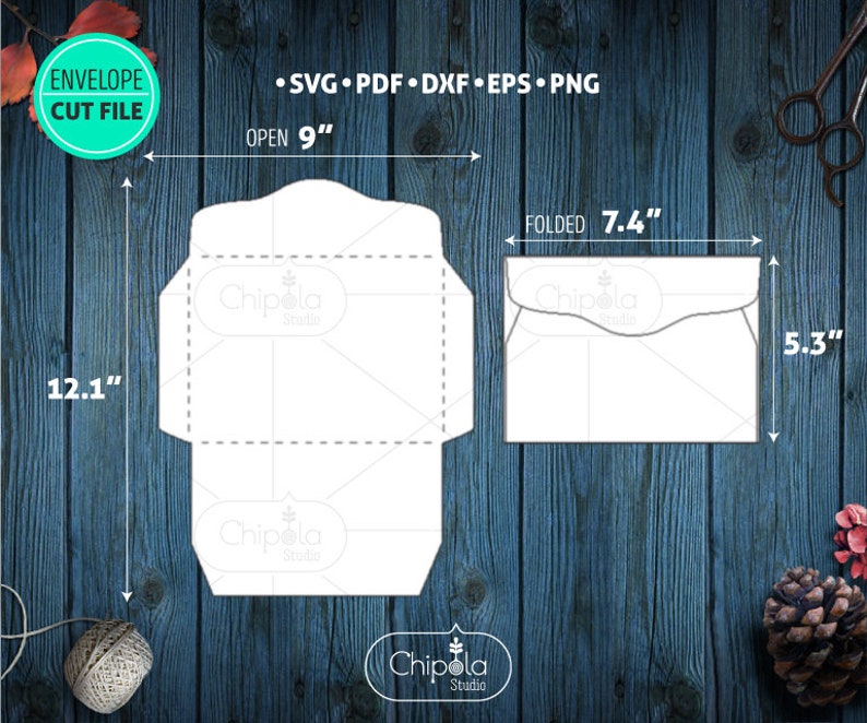 May include: A digital download of an envelope template for crafting. The template is shown open and folded with measurements in inches. The open template is 9 inches wide and 12.1 inches tall. The folded template is 7.4 inches wide and 5.3 inches tall.