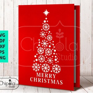 May include: A red card with a white stylized Christmas tree design. The tree is made up of snowflakes and circles. The text "Merry Christmas" is written below the tree.
