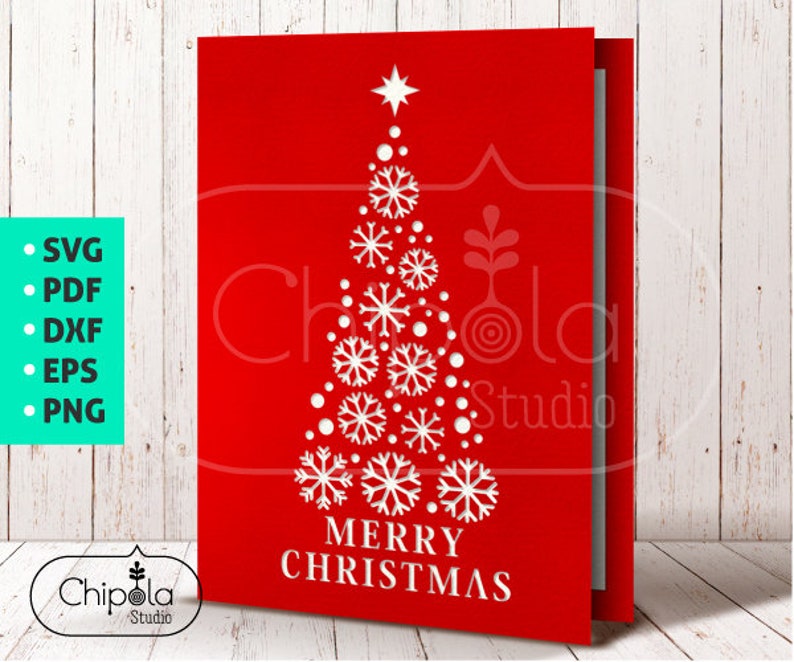 May include: A red card with a white stylized Christmas tree design. The tree is made up of snowflakes and circles. The text "Merry Christmas" is written below the tree.