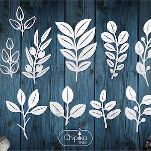 Puede incluir: Conjunto de diez imágenes en silueta blanca de varias ramas y ramitas con hojas, perfectas para proyectos de artesanía y diseño. Las imágenes están sobre un fondo de madera azul.