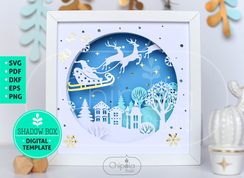 Santa Sleigh Shadow Box SVG, christmas winter 3d papercut SVG, layered paper art template with LED light, New Year, Cricut, Silhouette files image 1