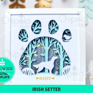 Puede incluir: Una plantilla digital de caja de sombras con marco blanco, con un diseño de huella de pata y una silueta de Setter irlandés. El diseño incluye árboles, un pájaro y el nombre "DAISY". El texto "IRISH SETTER" está en la parte inferior. Disponible en formatos SVG, PDF, DXF, EPS y PNG.