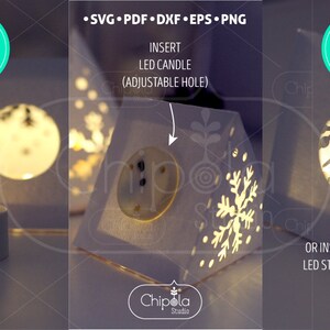 May include: White paper snowflake lantern with a cut-out design. The lantern can be lit with a LED candle or LED string lights. The text on the image reads "USE WITH LED CANDLE", "INSERT LED CANDLE (ADJUSTABLE HOLE)", "OR WITH LED STRING", and "OR INSERT LED STRING".