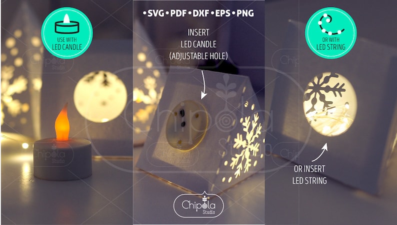 May include: White paper snowflake lantern with a cut-out design. The lantern can be lit with a LED candle or LED string lights. The text on the image reads "USE WITH LED CANDLE", "INSERT LED CANDLE (ADJUSTABLE HOLE)", "OR WITH LED STRING", and "OR INSERT LED STRING".