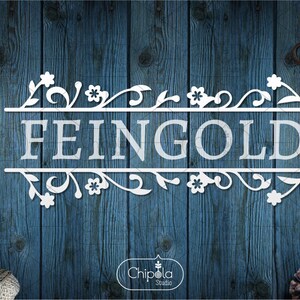 File di taglio SVG monogramma nome famiglia diviso, bordi orizzontali ornamento, modello di taglio foglie floreali, segno del nome vettoriale, Cricut, Silhouette