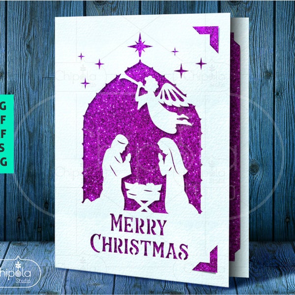 Nativity Christmas Card with Envelope SVG, Merry Christmas Card template, Papercut Card, Jesus Birth and angels card, Religious, Cricut