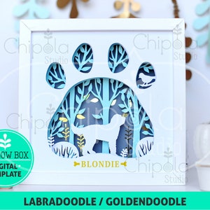 Labradoodle, Goldendoodle, Retriever doodle Dog Shadow Box SVG, 3d papercut SVG, modello artistico di carta a strati, arte a strati con luce LED