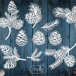 Pigne Natale Decorazione SVG file di taglio, raccolta di set di pacchetti, modello di ramo di abete in formato SVG, cricut, silhouette, laser, download