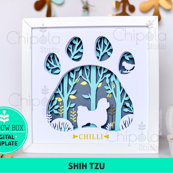 Shih Tzu Dog breed Shadow Box SVG, 3d papercut SVG, layered paper art template, scroll saw pattern, gift layered art with LED light, Cricut
