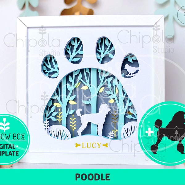 Poodle Dog breed Shadow Box SVG, 3d papercut SVG, layered paper art template, scroll saw pattern, gift layered art with LED light