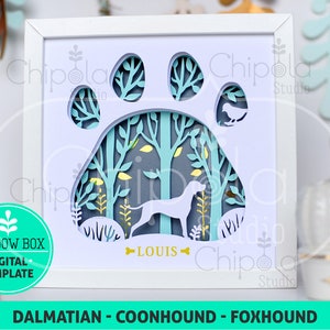 May include: A white shadow box with a blue paw print design. The paw print has a forest scene inside with a dog silhouette and the name "LOUIS". The box is for a digital template.