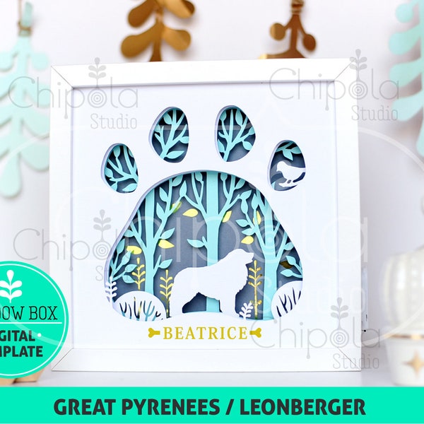 Great Pyrenees/ Leonberger Dog Shadow Box SVG, 3d papercut SVG, layered paper art template, scroll saw pattern, with LED light dog lovers