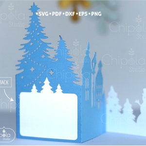 Carte de Noël trois volets + enveloppe SVG, modèle de carte hiver SVG, fichier d'invitation de Noël, carte Papercut, bonhomme de neige, Silhouette, Cricut image 3