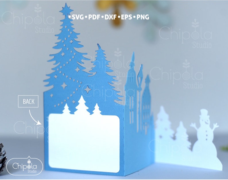 Carte de Noël trois volets + enveloppe SVG, modèle de carte hiver SVG, fichier d'invitation de Noël, carte Papercut, bonhomme de neige, Silhouette, Cricut image 3