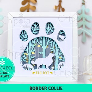 May include: A white shadow box with a blue paw print design. The paw print has a forest scene inside with a white silhouette of a Border Collie dog. The dog's name, "ELLIOT", is written in gold below the dog. The text "BORDER COLLIE" is written in black at the bottom of the box.