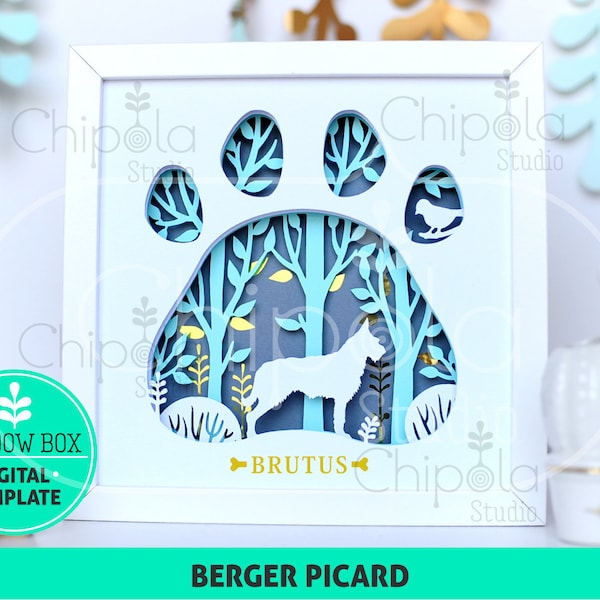 Berger Picard Dog breed Shadow Box SVG, 3d papercut SVG, layered paper art template, scroll saw pattern, gift layered art with LED light