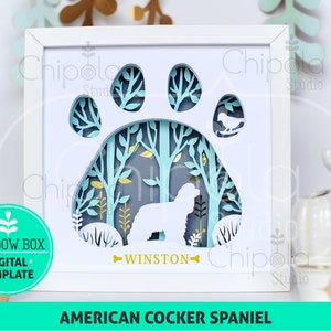 American Cocker Spaniel Hund Shadow Box SVG, 3d Papierschnitt SVG, geschichtete Papierkunstvorlage, Dekupiersägemuster, Geschenk geschichtete Kunst mit LED-Licht