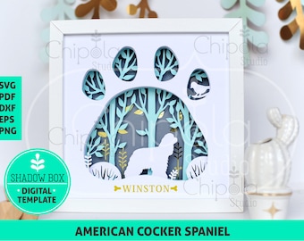 American Cocker Spaniel Dog Shadow Box SVG, 3d papercut SVG, layered paper art template, scroll saw pattern, gift layered art with LED light