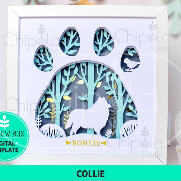 Collie Dog breed Shadow Box SVG, 3d papercut SVG, layered paper art template, scroll saw pattern, dog layered art with LED light light box