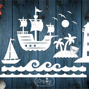 Fichier de coupe SVG nautique maritime, bateau, bateau, phare, lot d'îles de mer, téléchargement marin nautique Papercut, vinyle, Cricut, Silhouette