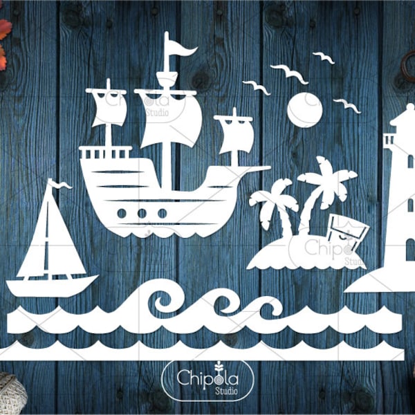 Maritime nautical SVG cut file, boat, ship, lighthouse, sea island bundle set, nautical marine Papercut download, vinyl, Cricut, Silhouette