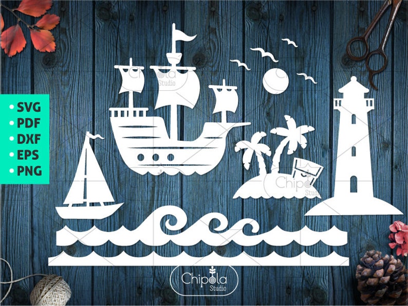 Maritime nautical SVG cut file, boat, ship, lighthouse, sea island bundle set, nautical marine Papercut download, vinyl, Cricut, Silhouette image 1