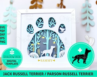 Jack Russell Terrier/ Parson Russell Terrier Cane razza Shadow Box SVG, 3d papercut SVG, modello artistico di carta a strati, modello di sega a scorrimento