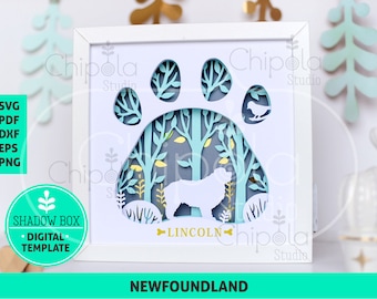 Newfoundland Dog Shadow Box SVG, 3d papercut SVG, layered paper art template, scroll saw pattern,  gift  art with LED light dog lovers