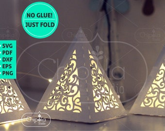 Décoration de la pièce maîtresse SVG, lanterne pyramide 3D, modèle en papier de style marocain oriental, décoration de table de mariage luminaire, Cricut, Silhouette